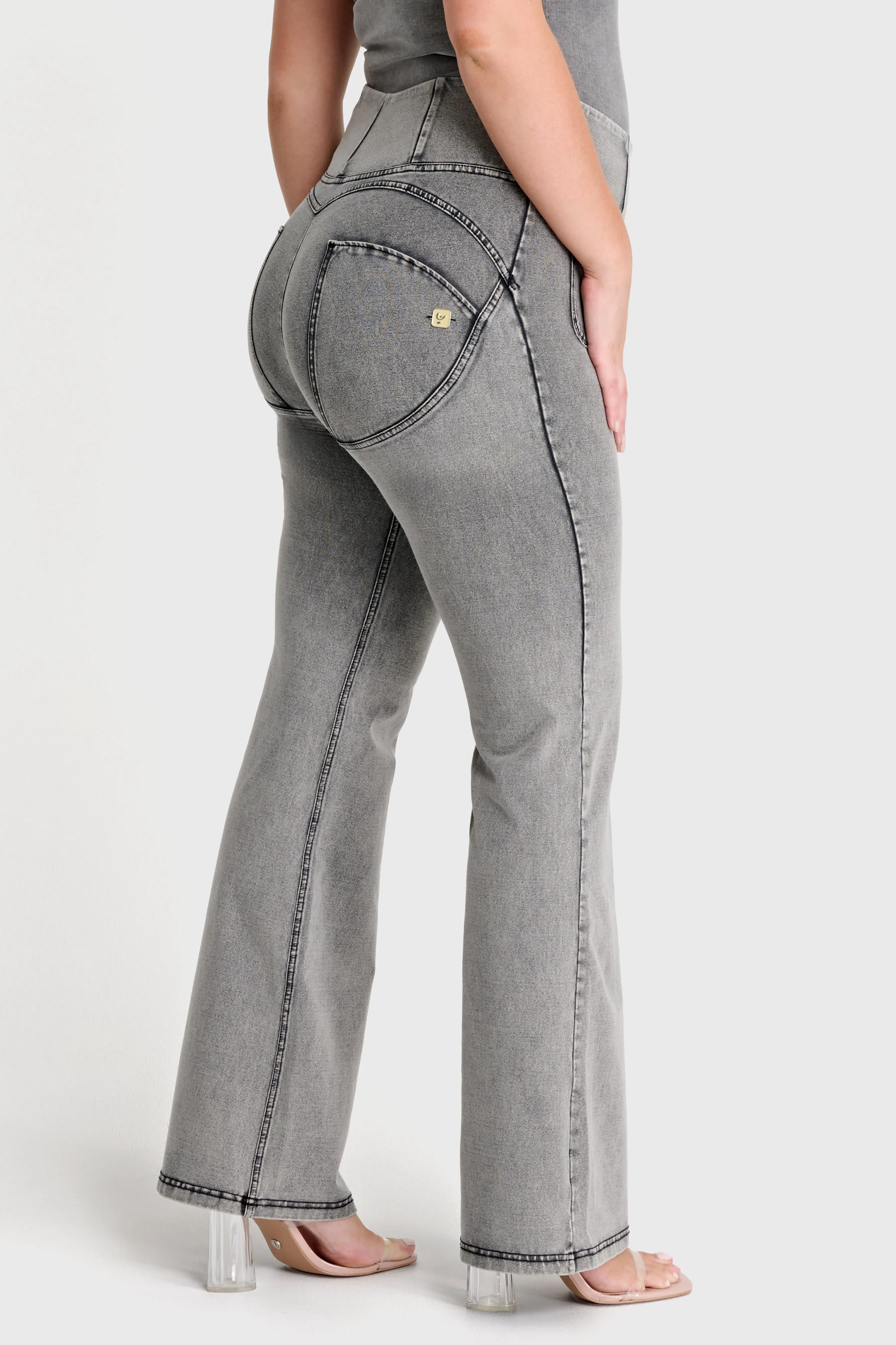 WRUP Denim with Front Pockets - Super High Waisted - Flare - Grey + Black Stitching - Image 4