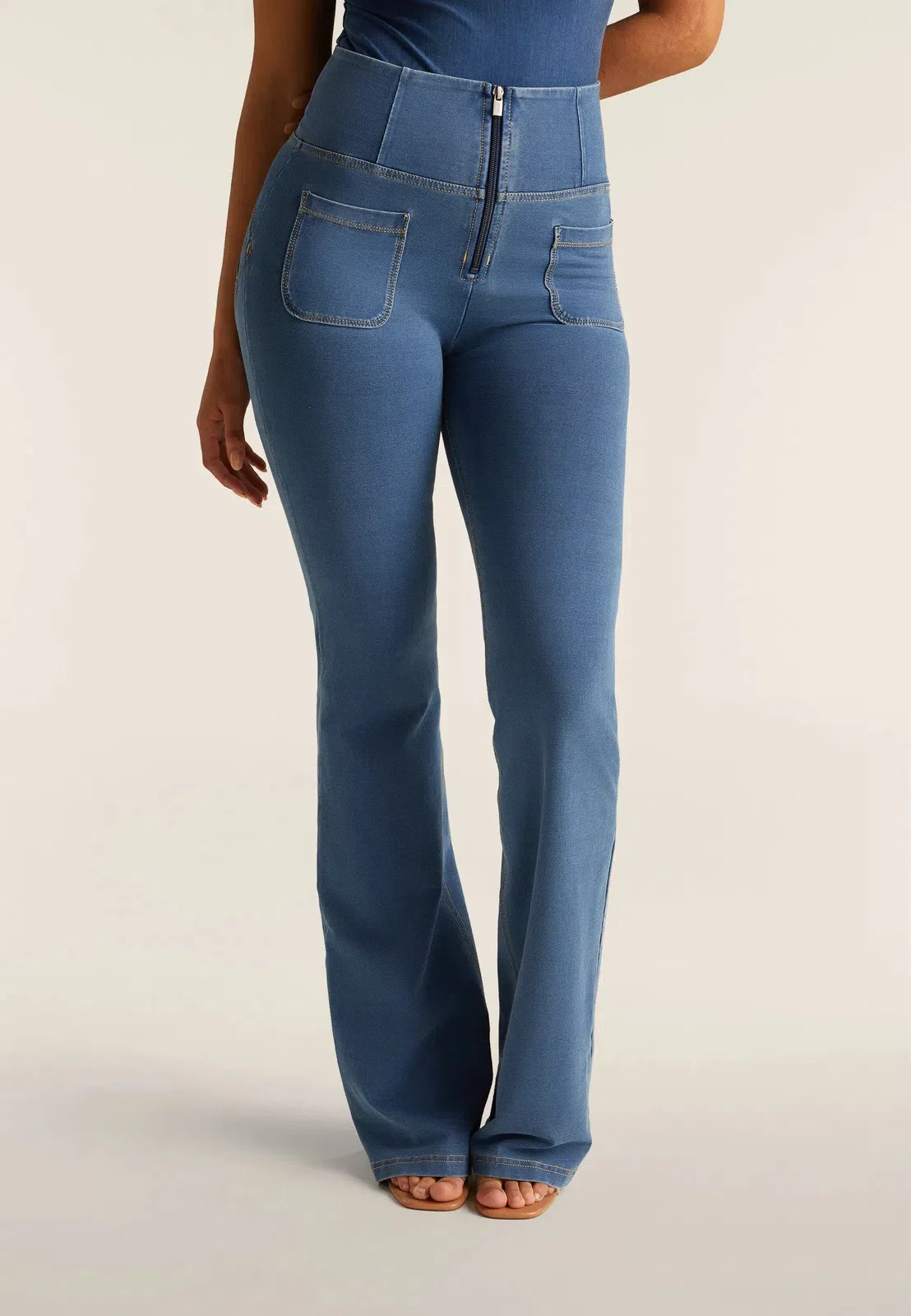 WRUP Denim with Front Pockets - Super High Waisted - Flare - Light Blue + Beige Stitching - Image 5