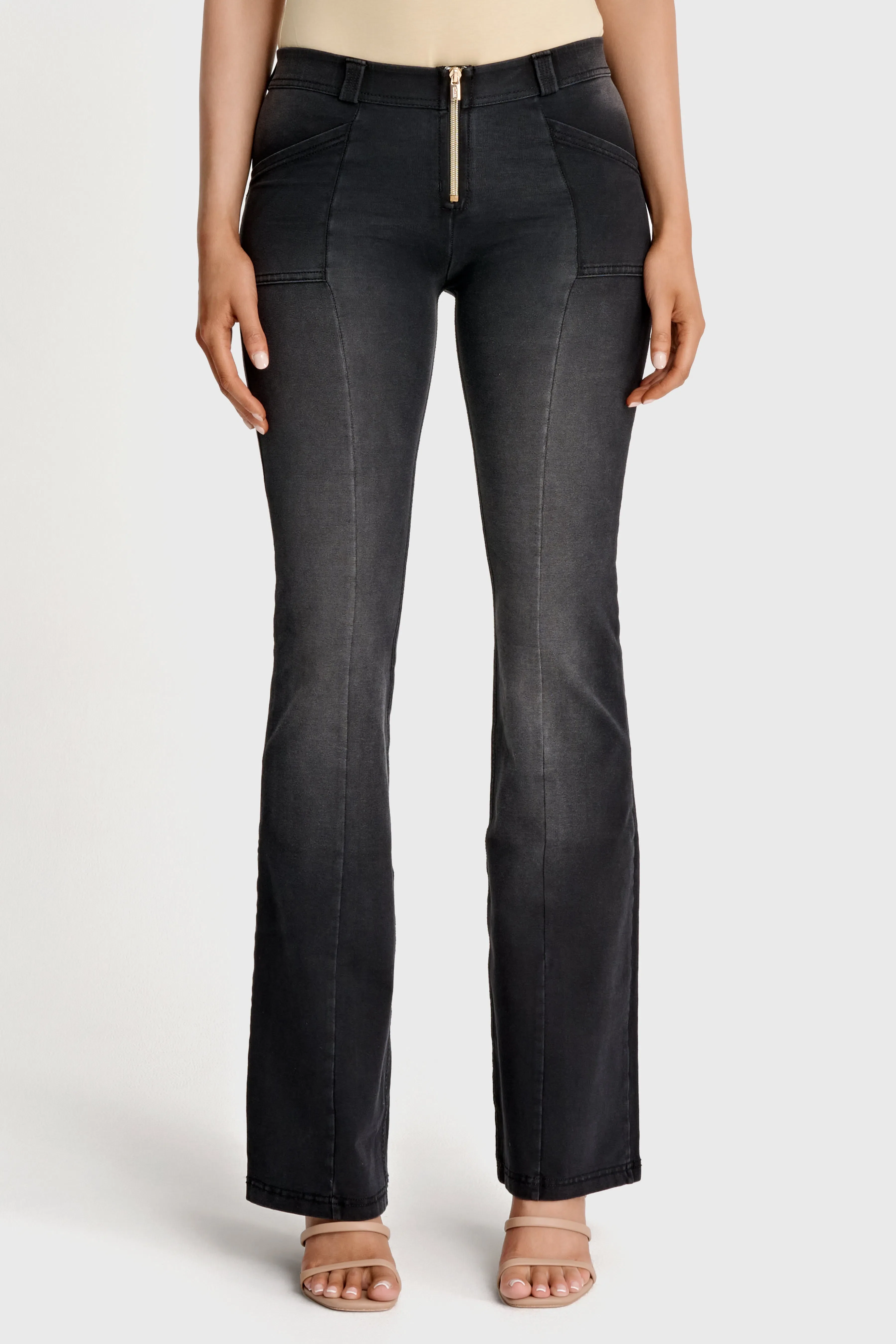 WRUP Denim with Gold Zip - Mid Rise - Flare - Black + Black Stitching - Image 3