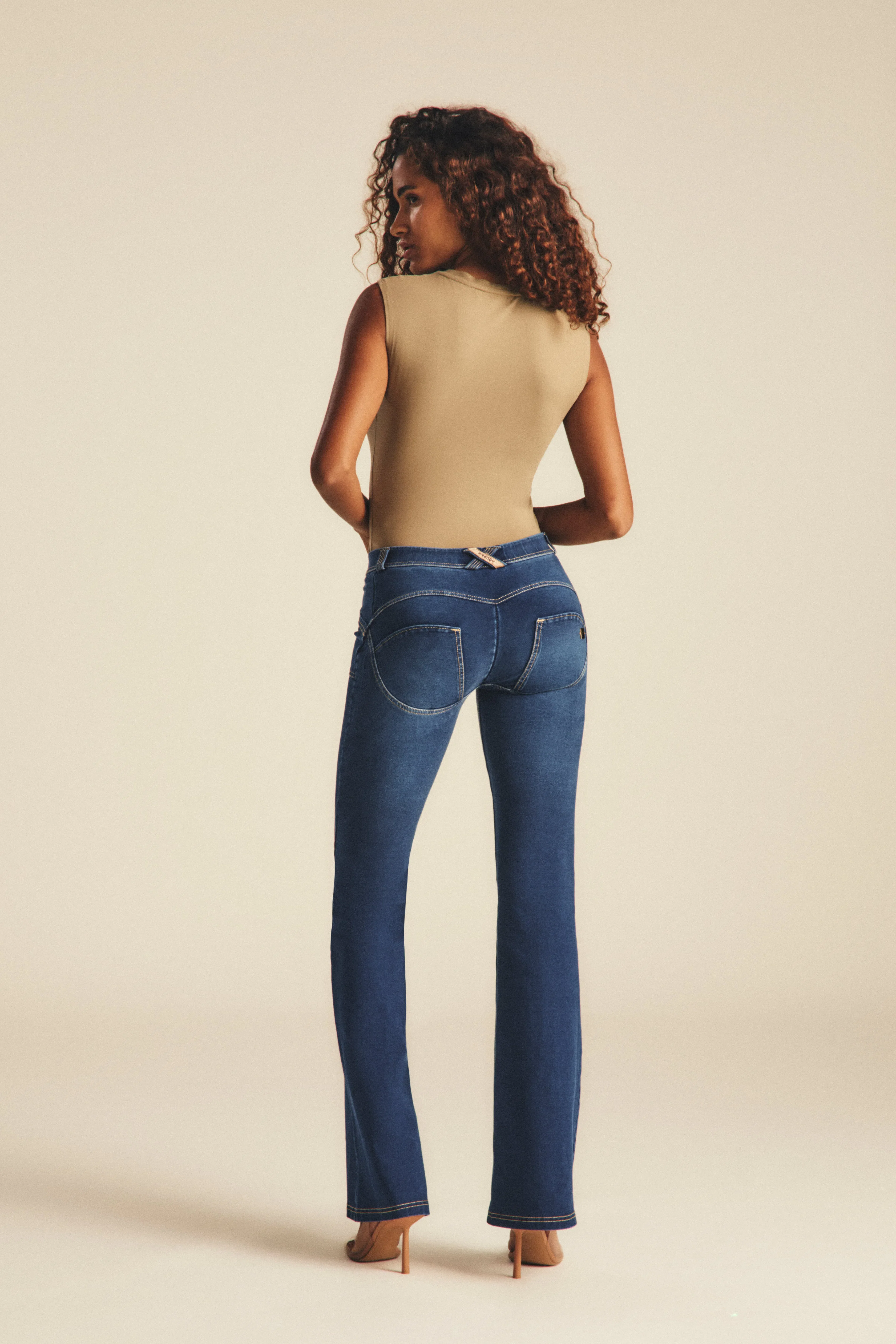 WRUP Denim with Gold Zip - Mid Rise - Flare - Dark Blue + Beige Stitching - Image 5