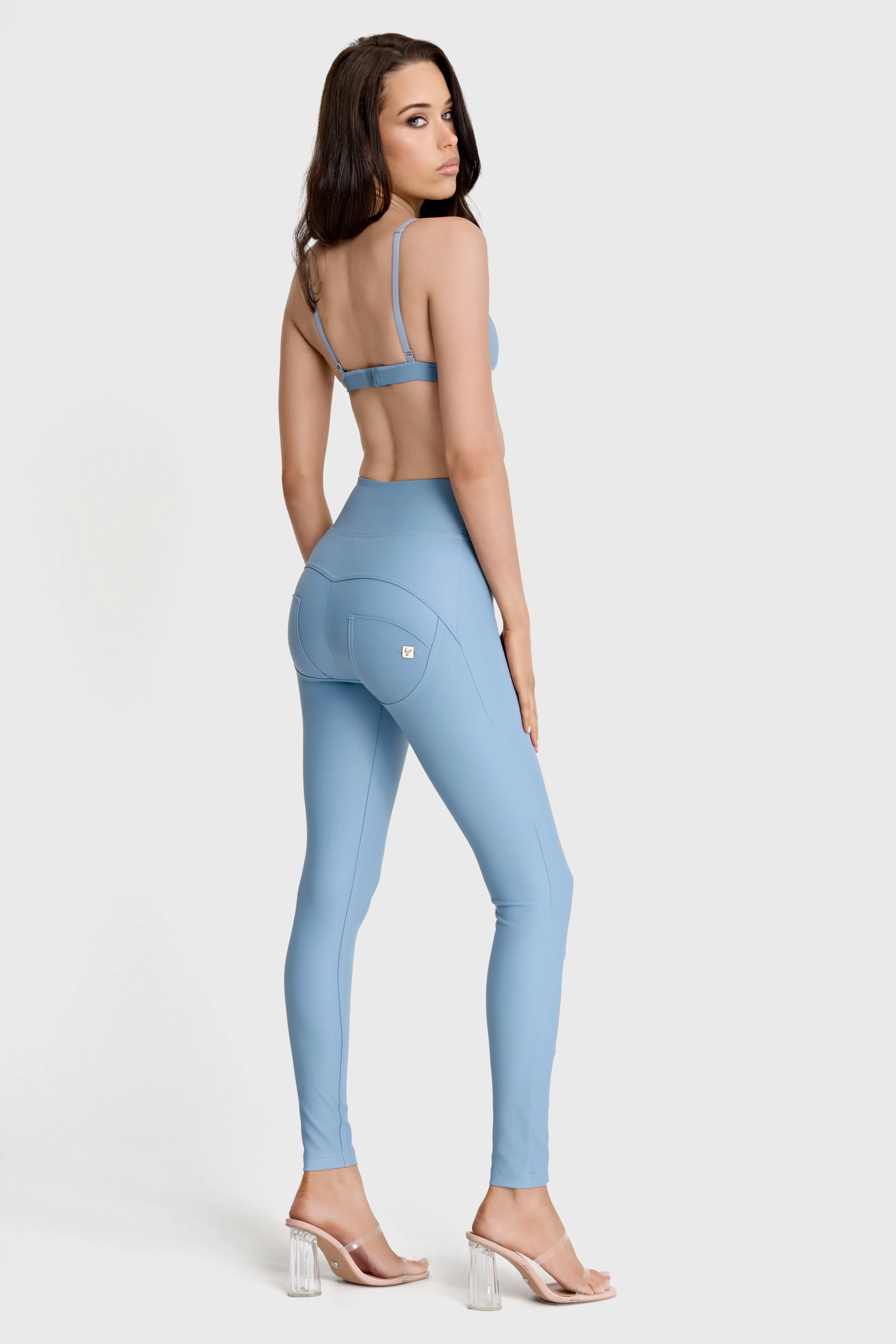 WRUP Faux Leather with Button Detail - Super High Waisted - Full Length - Baby Blue - Image 4