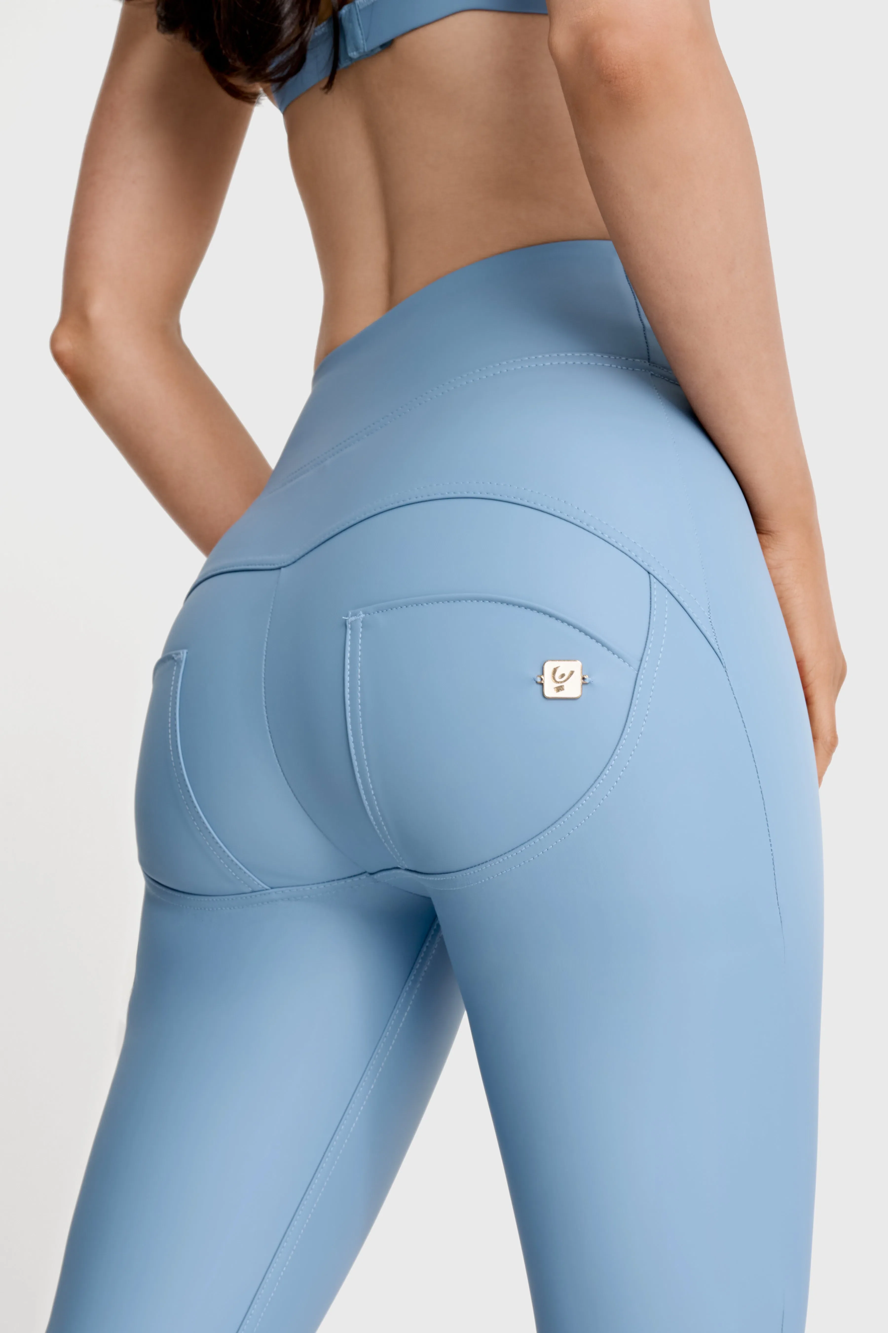 WRUP Faux Leather with Button Detail - Super High Waisted - Full Length - Baby Blue - Image 7
