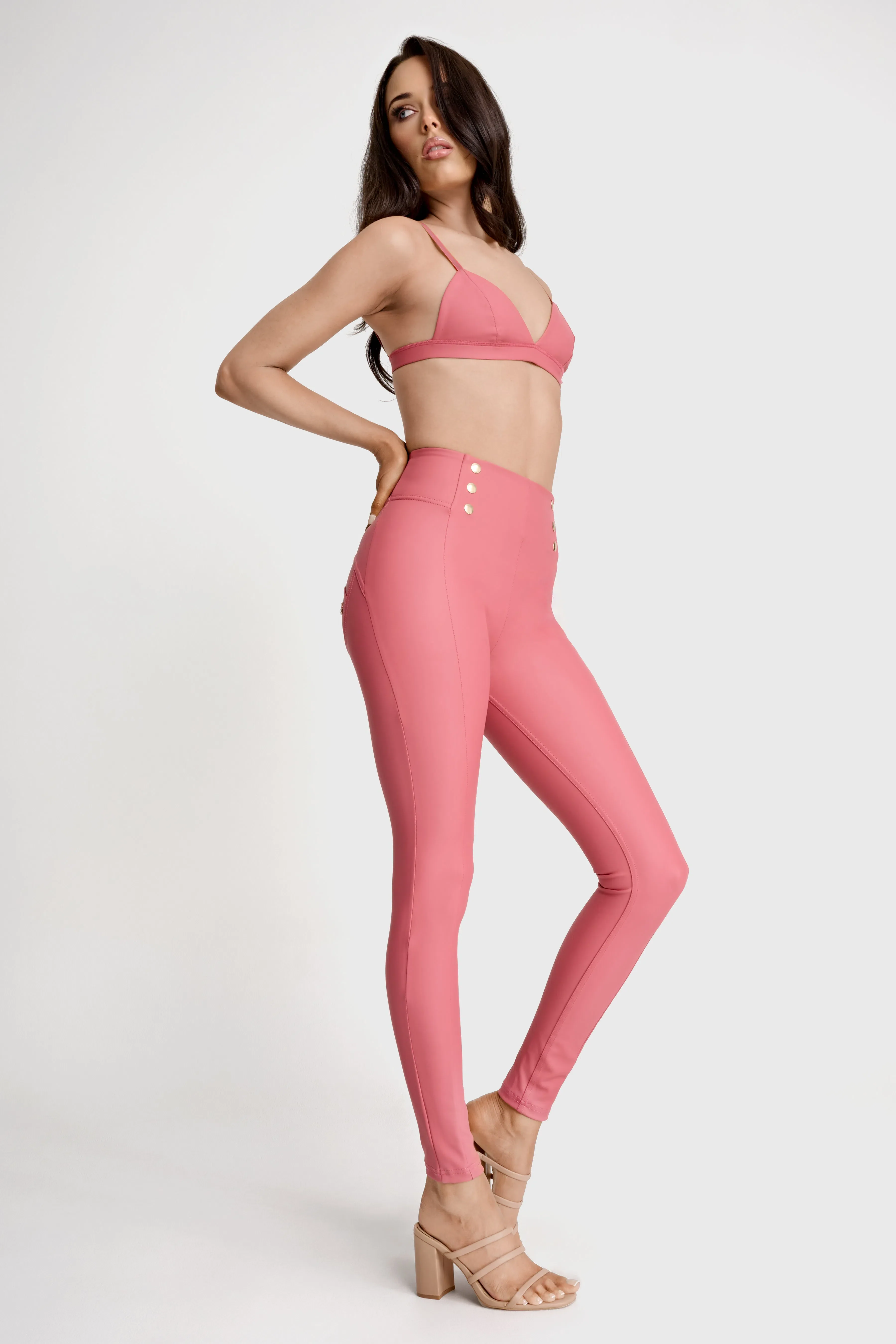 WRUP Faux Leather with Button Detail - Super High Waisted - Full Length - Rosey Pink - Image 4