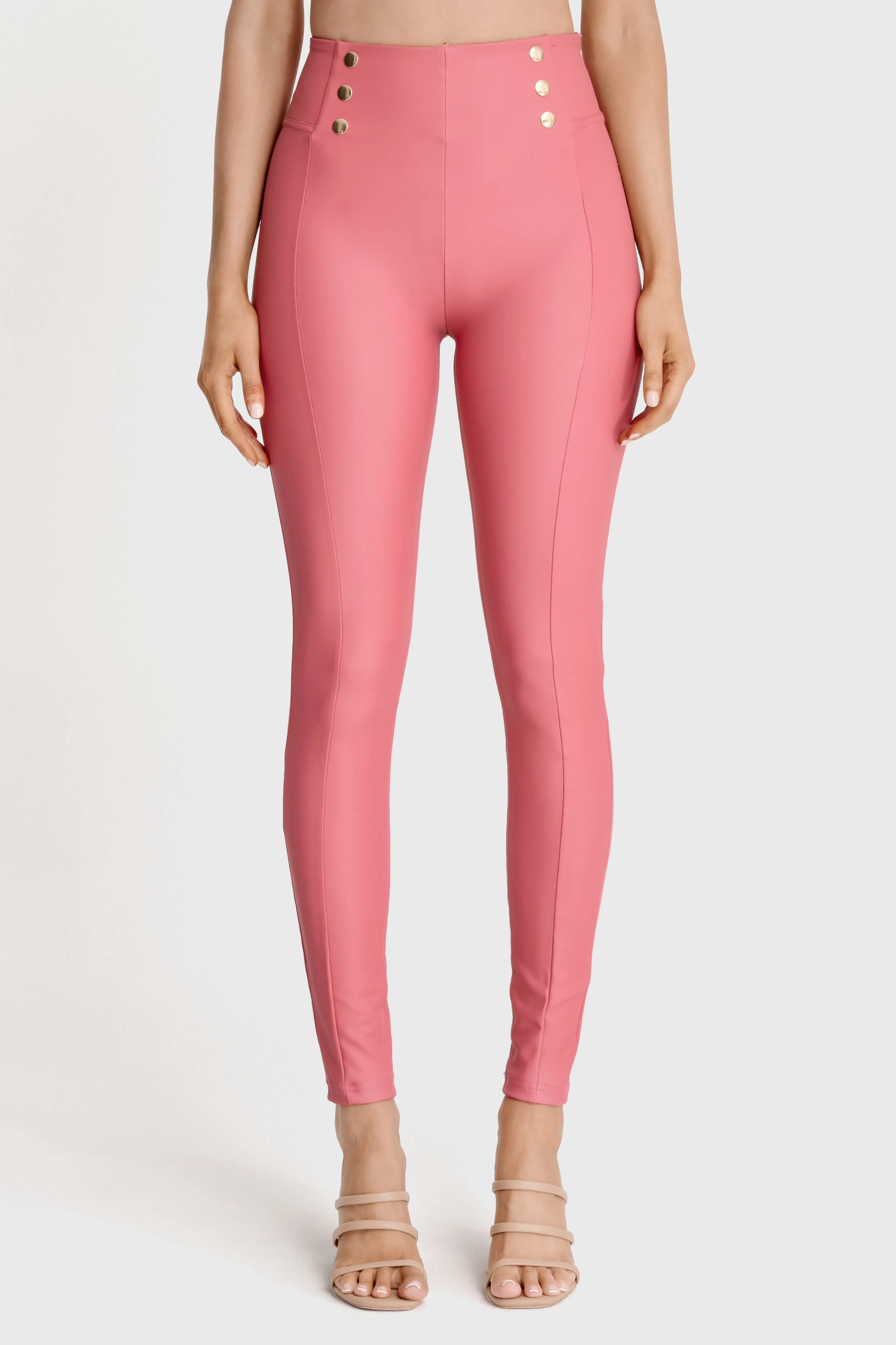WRUP Faux Leather with Button Detail - Super High Waisted - Full Length - Rosey Pink - Image 6