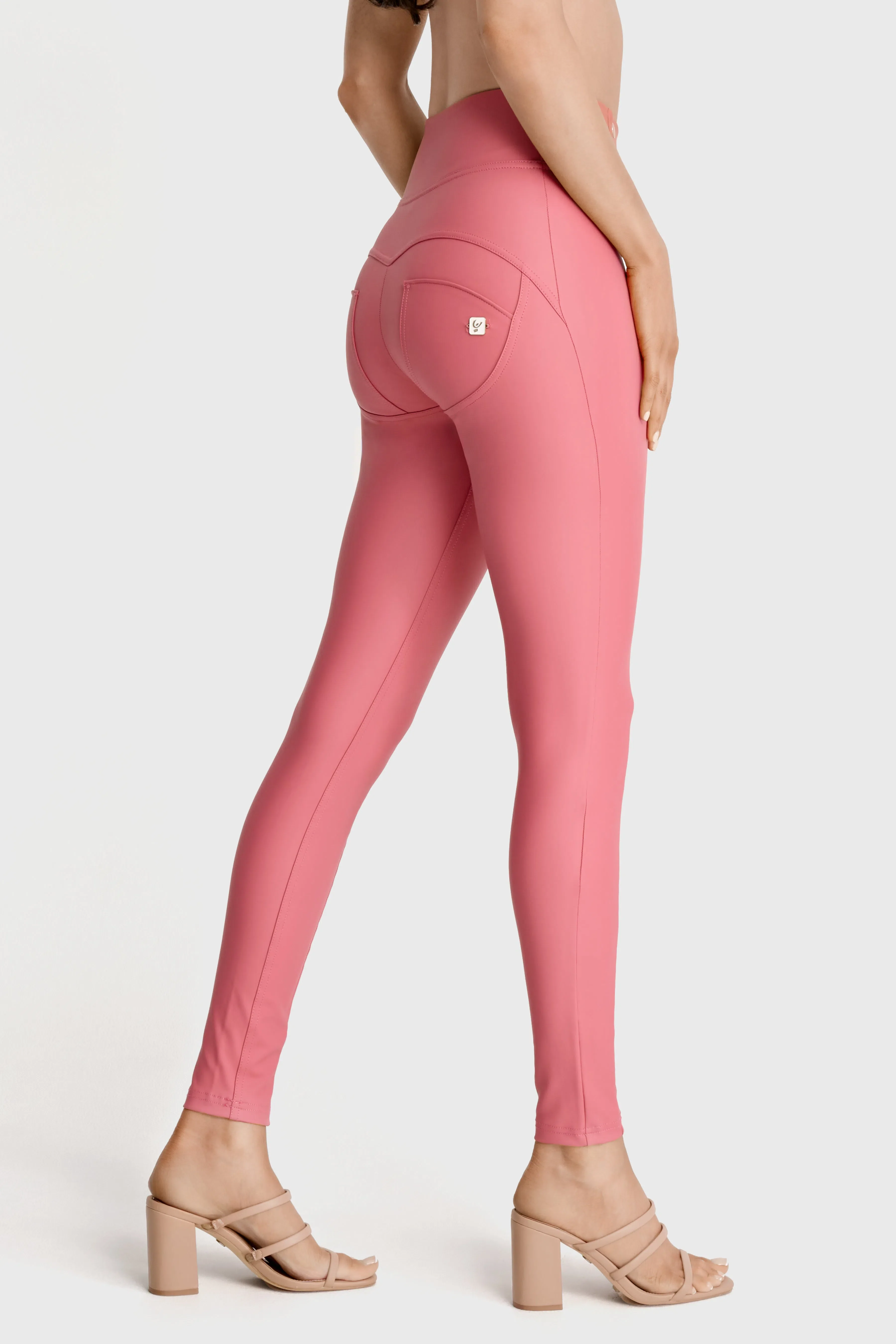 WRUP Faux Leather with Button Detail - Super High Waisted - Full Length - Rosey Pink - Image 7