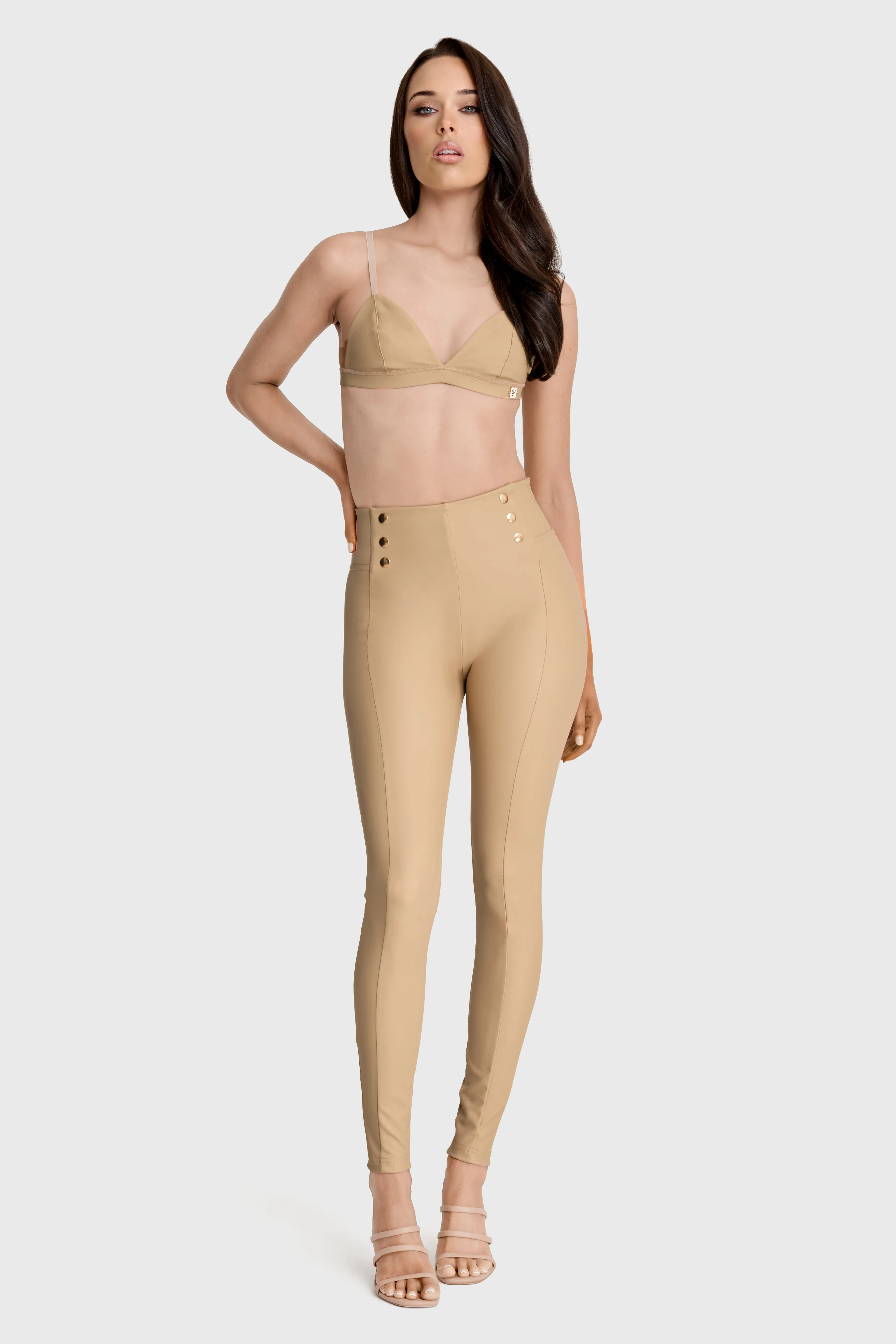WRUP Faux Leather with Button Detail - Super High Waisted - Full Length - Sand - Image 3
