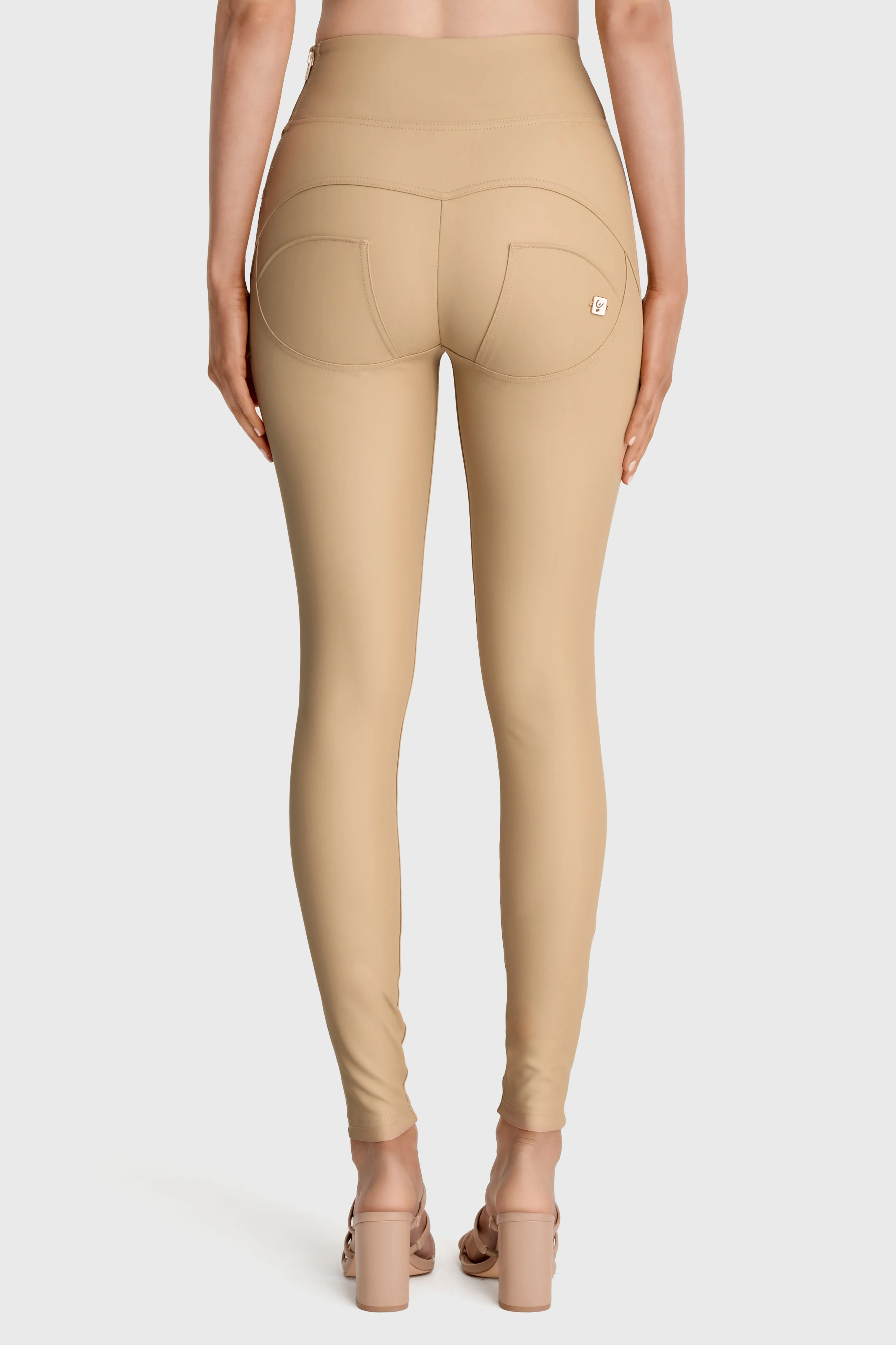 WRUP Faux Leather with Button Detail - Super High Waisted - Full Length - Sand - Image 7